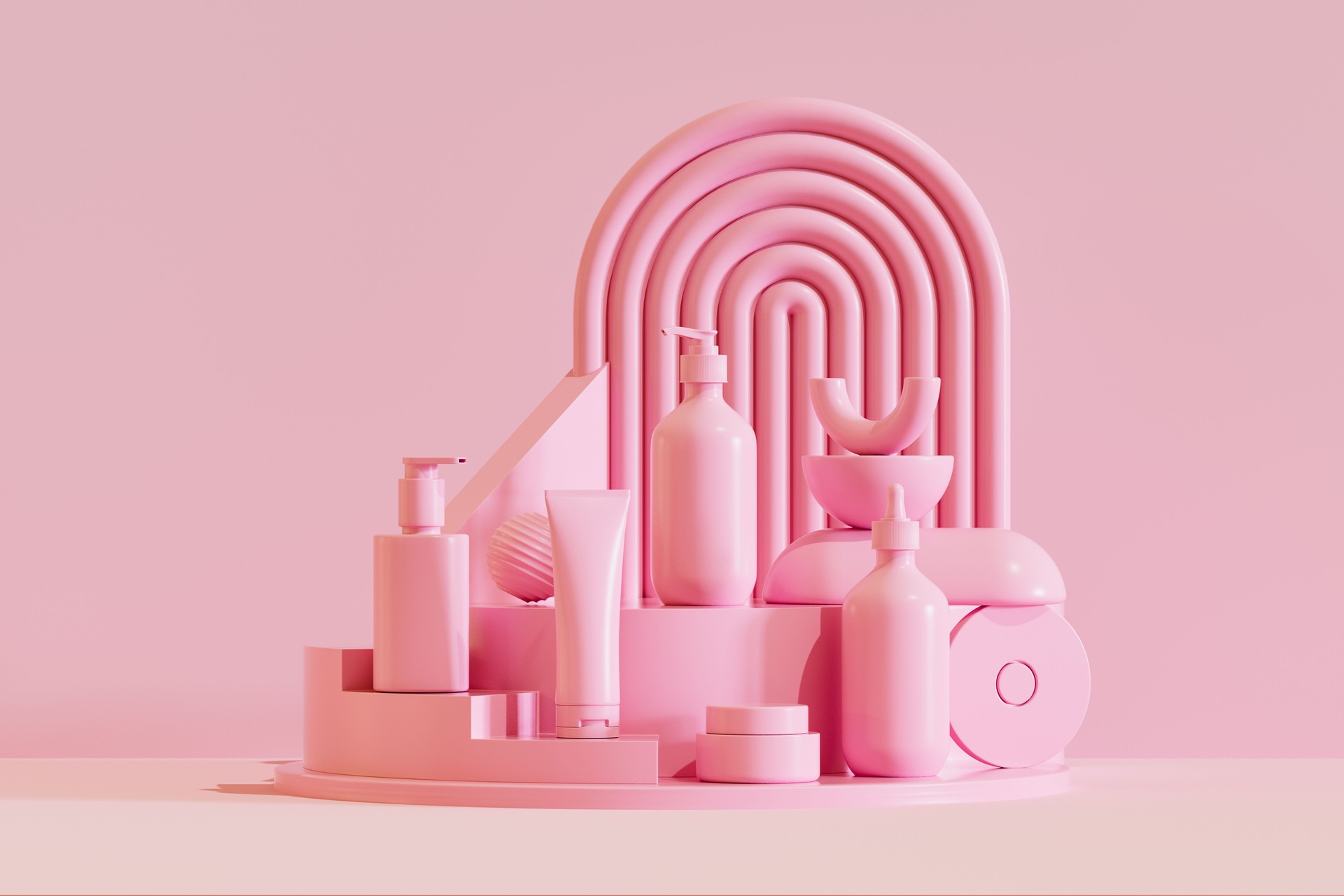 Cosmetic Products on Podium with Pink Background, Beauty and Skincare Concept